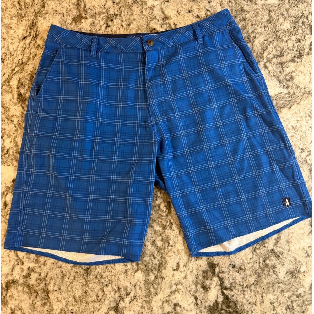 Johnnie-O Mens Blue Plaid Performance Golf Shorts Size 34 West Coast Prep